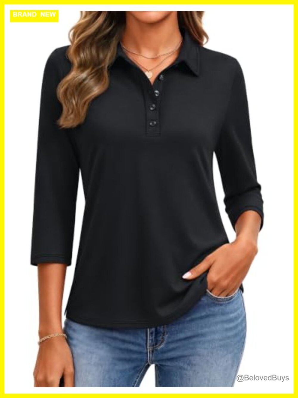 YUCOLEN Women's 3/4 Sleeve Polo Shirt Button Collared Golf Top